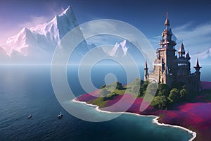 Fantasy sci-fi dreamland illustration of abstract sea, island full of flowers, castle