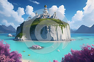 Fantasy sci-fi dreamland illustration of abstract sea, island full of flowers, castle