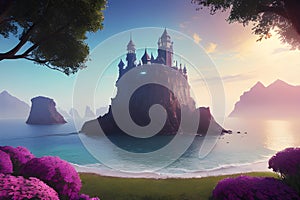 Fantasy sci-fi dreamland illustration of abstract sea, island full of flowers, castle