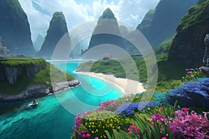 Fantasy sci-fi dreamland illustration with fantasy land of rivers, flowers, meadows, trees and mountains