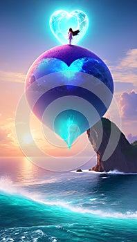 Fantasy sci-fi dreamland illustration of girl standing on heart shaped structure formed from the ocean