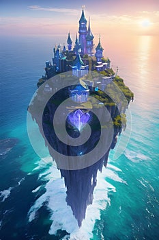 Fantasy sci-fi dreamland illustration - sea, island with castle