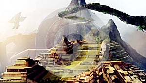 Fantasy sci-fi Machu Picchu artwork landscape.