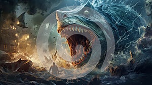 fantasy sea monster destroying a city