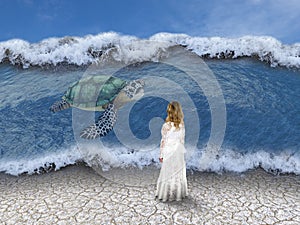 Fantasy Sea, Ocean, Young Girl, Turtle