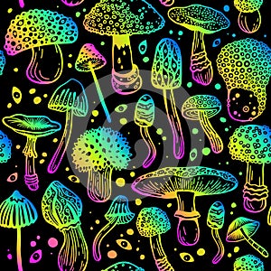 Fantasy seamless vector pattern of rainbow psilocybin mushrooms. Beautiful wallpaper of hallucinogenic mushrooms in acid colors