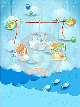 Fantasy seascape with flying birds with hanging stickers