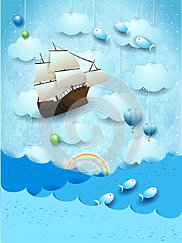 Fantasy seascape with flying ship and fishes