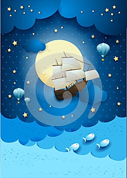 Fantasy seascape with flying vessel and full moon