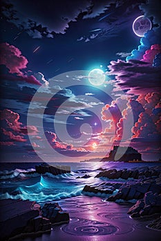 Fantasy seascape. Night sky with clouds and moon. 3d rendering