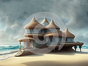 Fantasy seashell-like house on a sandy beach island