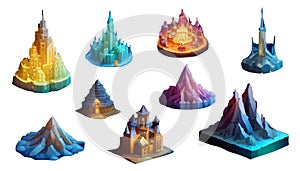 Fantasy set of floating island with fairy house. Vector 2d cartoon of platform of rock pieces.