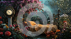 Fantasy setting with bed among blossoming flowers and floating clock., Generated AI
