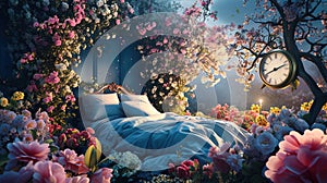 Fantasy setting with bed among blossoming flowers and floating clock., Generated AI