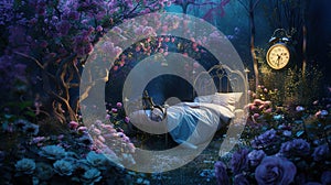 Fantasy setting with bed among blossoming flowers and floating clock,. Generated AI