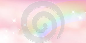 Fantasy Sky Background with Cute Rainbow. Pink Clouds in Realistic Style. Baby Unicorn Wallpaper. Vector Illustration