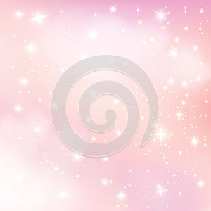 Fantasy Sky Background with Stars. Pink Clouds in Realistic Style. Baby Unicorn Wallpaper. Vector Illustration