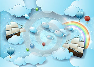 Fantasy sky by day with flying fishes and vessels, surreal illustration