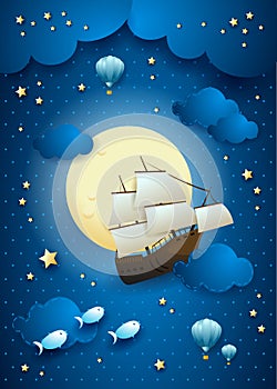 Fantasy sky by night with flying vessel and full moon