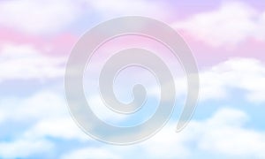 Fantasy sky. White clouds on magic rainbow background. Fairy cute unicorn cloudy vector wallpaper