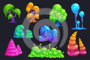 Fantasy slime plants. Alien slimy mushrooms set.