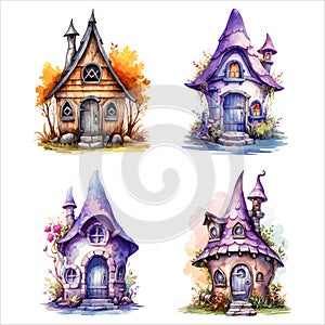 Fantasy Sorcerer\'s Hut watercolor illustration, Halloween decorative elements, Vector Illustration