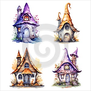 Fantasy Sorcerer\'s Hut watercolor illustration, Halloween decorative elements, Vector Illustration