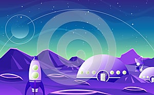 Fantasy space landscape planet cartoon flat design vector illustration background