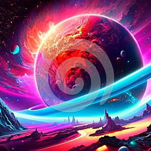 Fantasy space scene with planet and nebula. 3d illustration generative AI