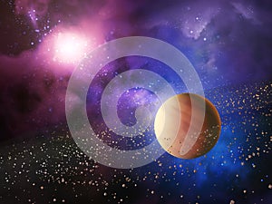 Fantasy spacescape with ringed planet and a colorful nebula photo