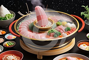 fantasy spaceship in a form of Shabu Shabu Japan Food, flying through the space