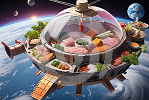 fantasy spaceship in a form of Shabu Shabu Japan Food, flying through the space