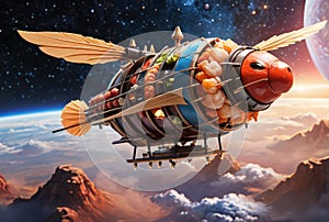 fantasy spaceship in a form of Yakitori Japan Food, flying through the space