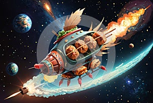 fantasy spaceship in a form of Yakitori Japan Food, flying through the space
