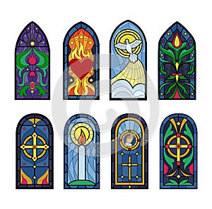 Fantasy stained-glass windows. Book print. Renaissance architecture cathedrals. Art gothic paper. Ancient shapes