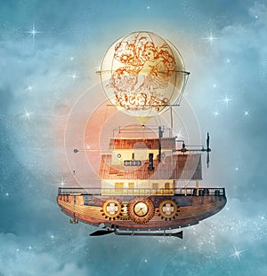 Fantasy steampunk airship flies in a starry sky