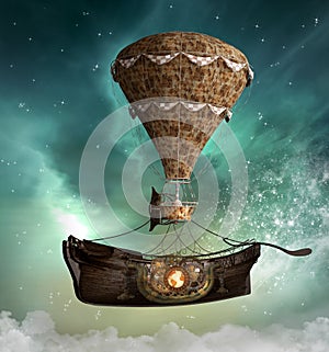 Fantasy steampunk airship taking an old boat