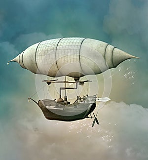 Fantasy steampunk airship travelling up in the air