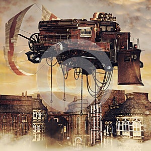 Fantasy steampunk machine over a city