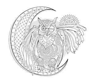 Fantasy steampunk owl. Coloring book for children and adults. Illustration in zentangle style. Printable page for drawing and
