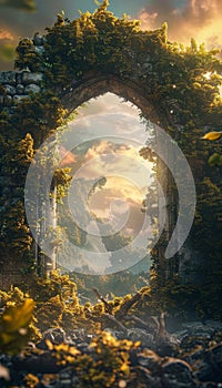 Fantasy stone gate portal archway covered in creepers - dimensional digital art 3d illustration photo