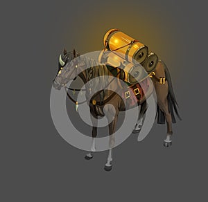 Fantasy-style pack horse carries tanks of glowing liquid on its back Concept for the game isometric