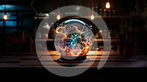 Fantasy style plasma ball. Multi-colored lightning in a glass sphere. Shining energy in the ball. Glass ball on the table. Magic