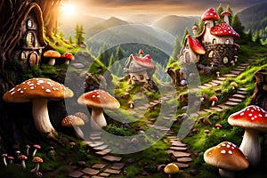 fantasy style storybook fairytale mushroom village surrounded by trees and mountains