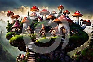 fantasy style storybook fairytale tiny mushroom village surrounded by moss in a forest