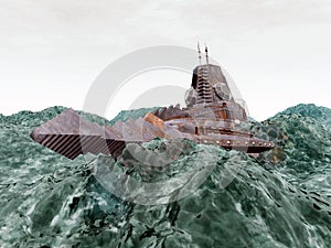 Fantasy Submarine in the stormy ocean