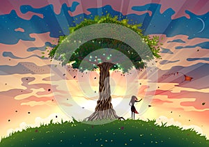 Fantasy sunset landscape with tree and girl flying kite, summer sunrise illustration with light beams, beautiful nature with sky