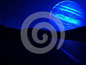 Fantasy surreal concept. Scenic night landscape of country road at night with giant planet at night sky