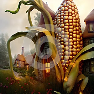 Fantasy sweet corn-lookalike house in a fairytale garden