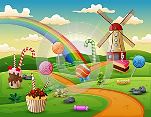 Fantasy sweet land with cup cake and candies